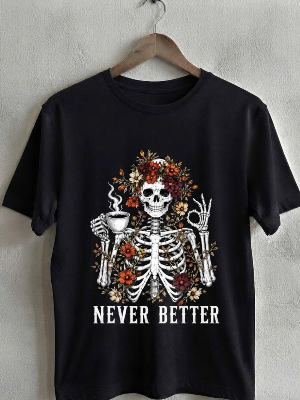 Never Better Black Skeleton Floral Shirt
